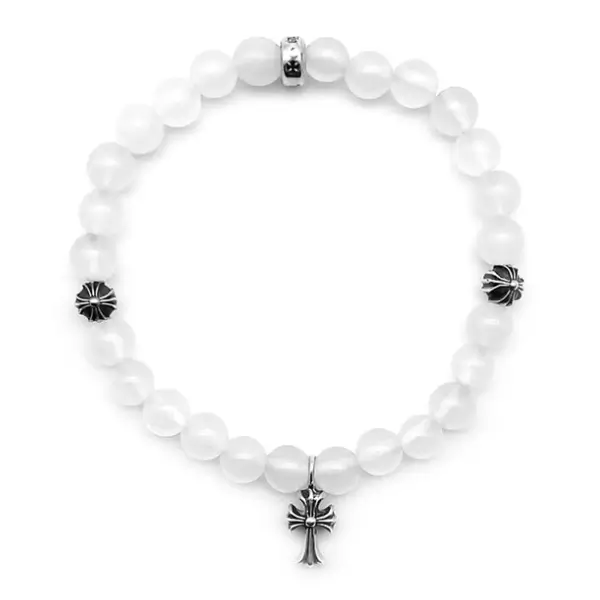 Chrome-Hearts-6mm-White-Agate-Silver-Cross-Pendant-Beaded-Bracelet-1
