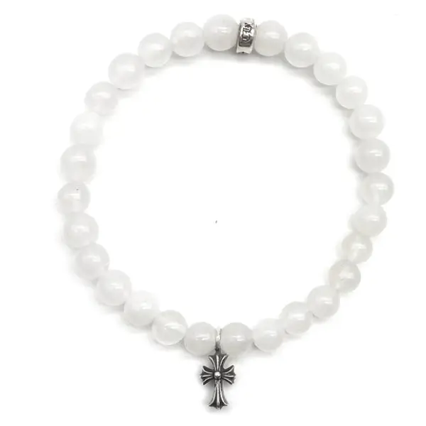 Chrome-Hearts-6mm-White-Beaded-Silver-Cross-Pendant-Bracelet-1-1