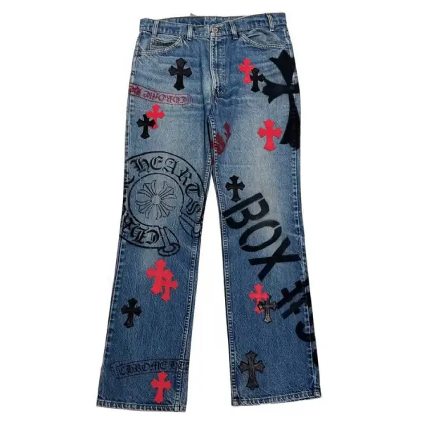 Chrome-Hearts-BlackRed-Cross-Patches-Spraypainted-Jeans-1