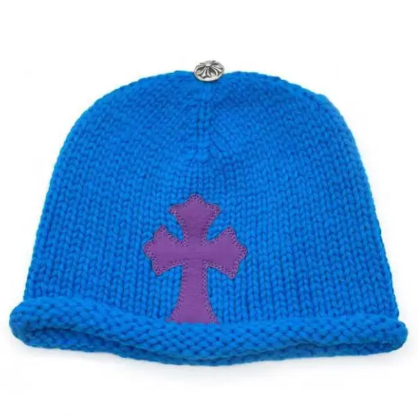 Chrome-Hearts-Cashmere-Purple-Cross-Leather-Patch-Blue-Beanie-1