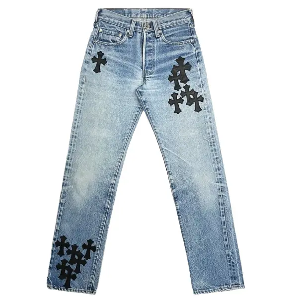 Chrome-Hearts-Levis-501-Black-Cross-Leather-Patch-Jeans-1